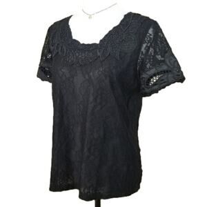 Women Black Lace Mesh Crystal Stud Top L Cocktail Holiday Party Event Occasion